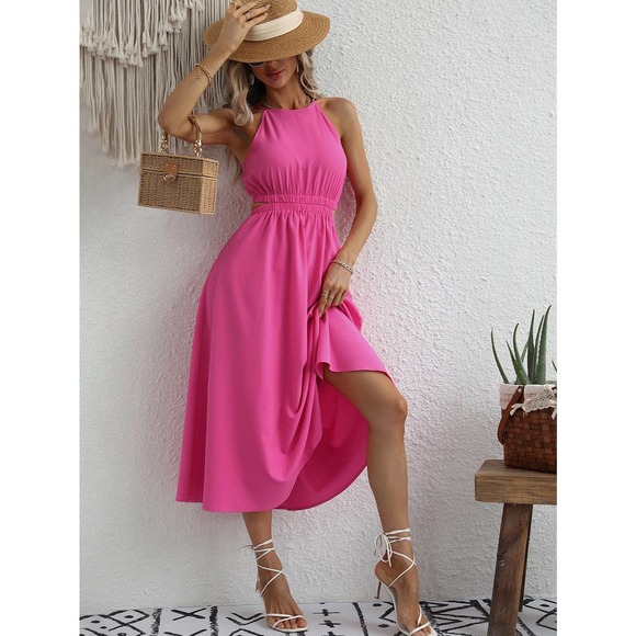 Halter Neck Cut Out Back backless midi Dress boho hot pink - Picture 3 of 7